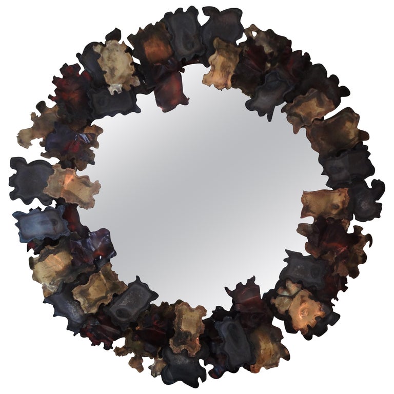 Brutalist Curtis Jere Style Torch-Cut Mixed Metal Mirror For Sale