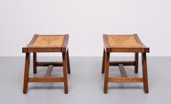 Brutalist curved solid Oak Ottomans  1950s France