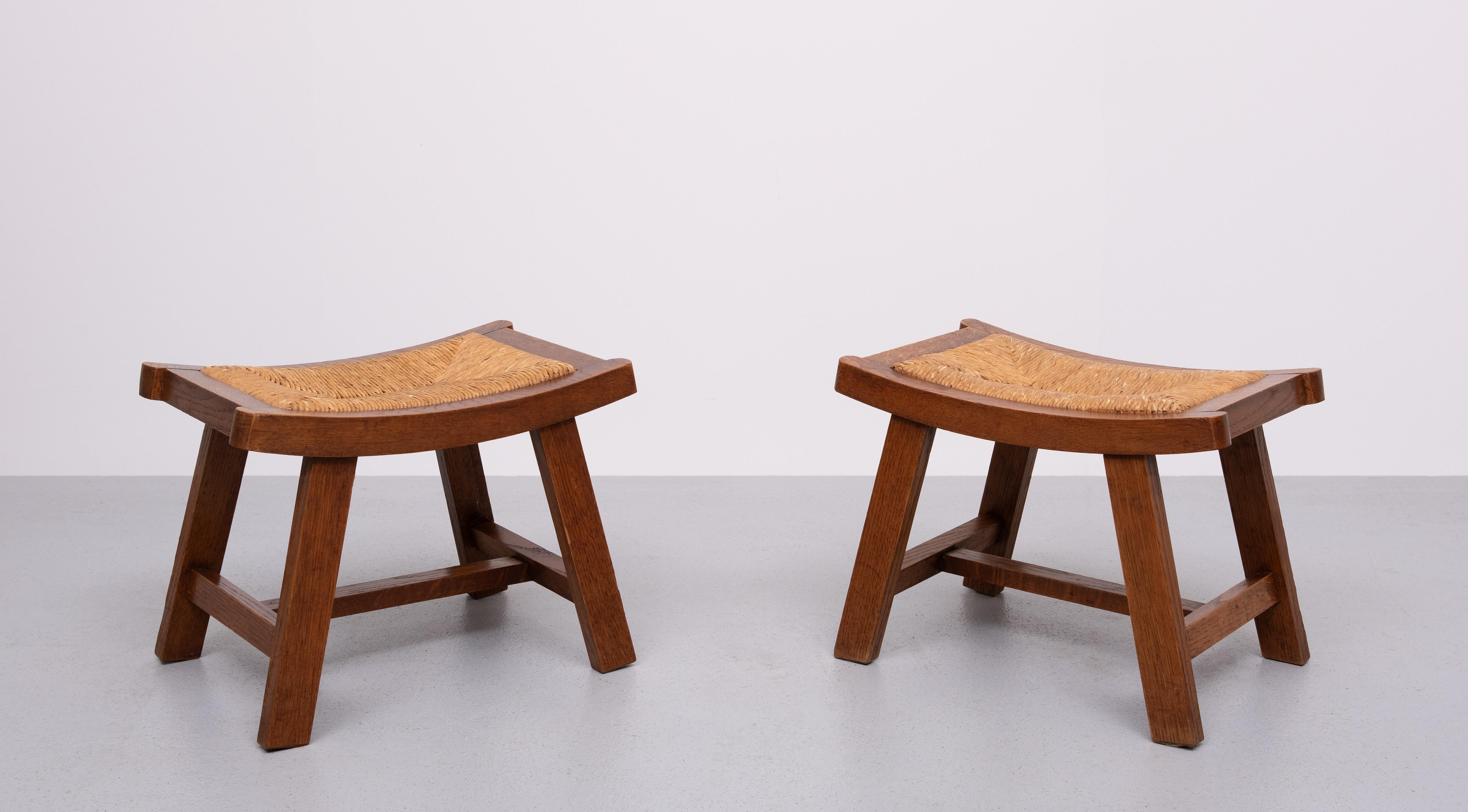 Mid-Century Modern Brutalist curved solid Oak Ottomans  1950s France For Sale