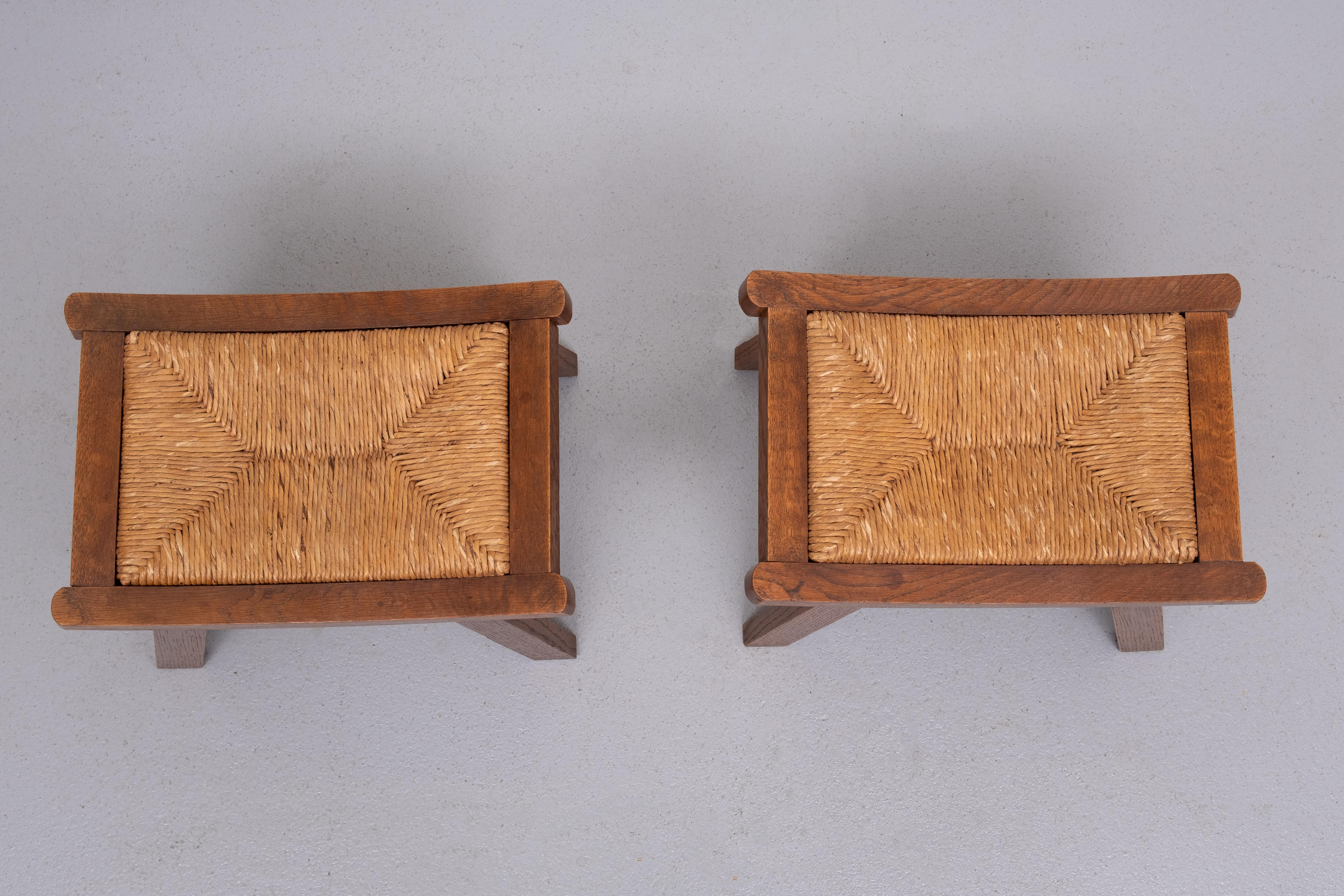 Mid-20th Century Brutalist curved solid Oak Ottomans  1950s France For Sale