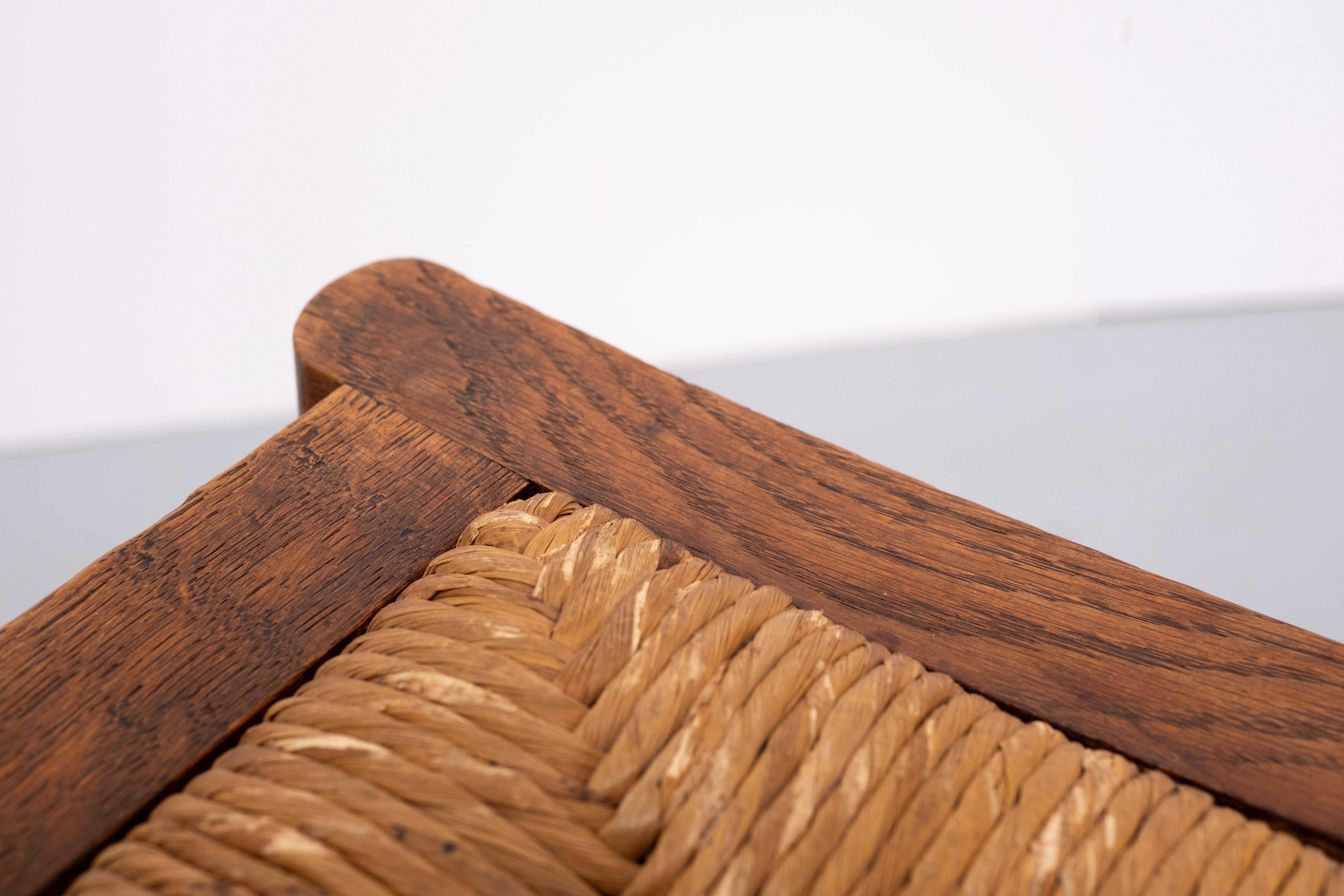 Rattan Brutalist curved solid Oak Ottomans  1950s France For Sale