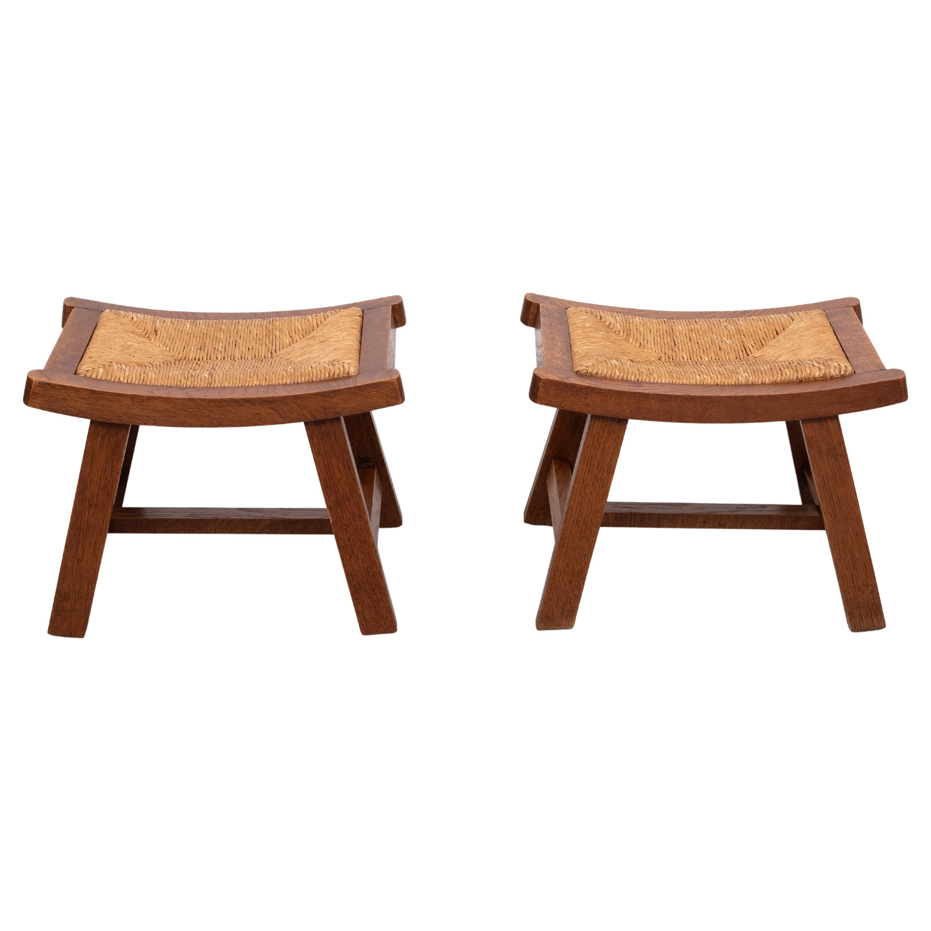 Brutalist curved solid Oak Ottomans  1950s France