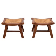 Brutalist curved solid Oak Ottomans  1950s France