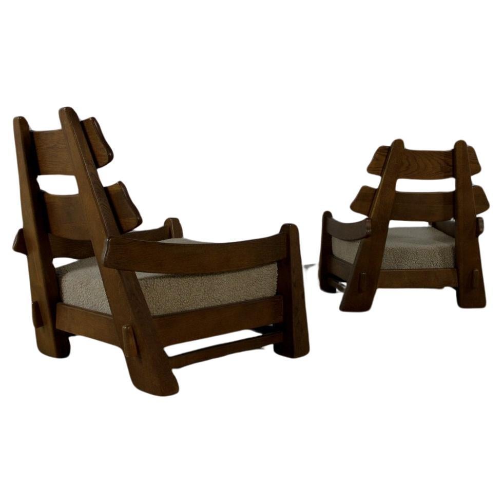 20th Century Brutalist Danish Oak Lounge Chairs