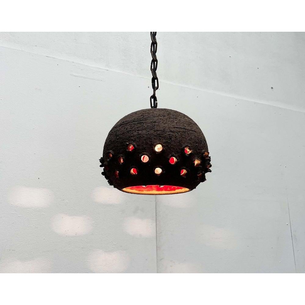20th Century Brutalist Danish Studio Pottery Perforated Ball Pendant Lamp, 1960s For Sale