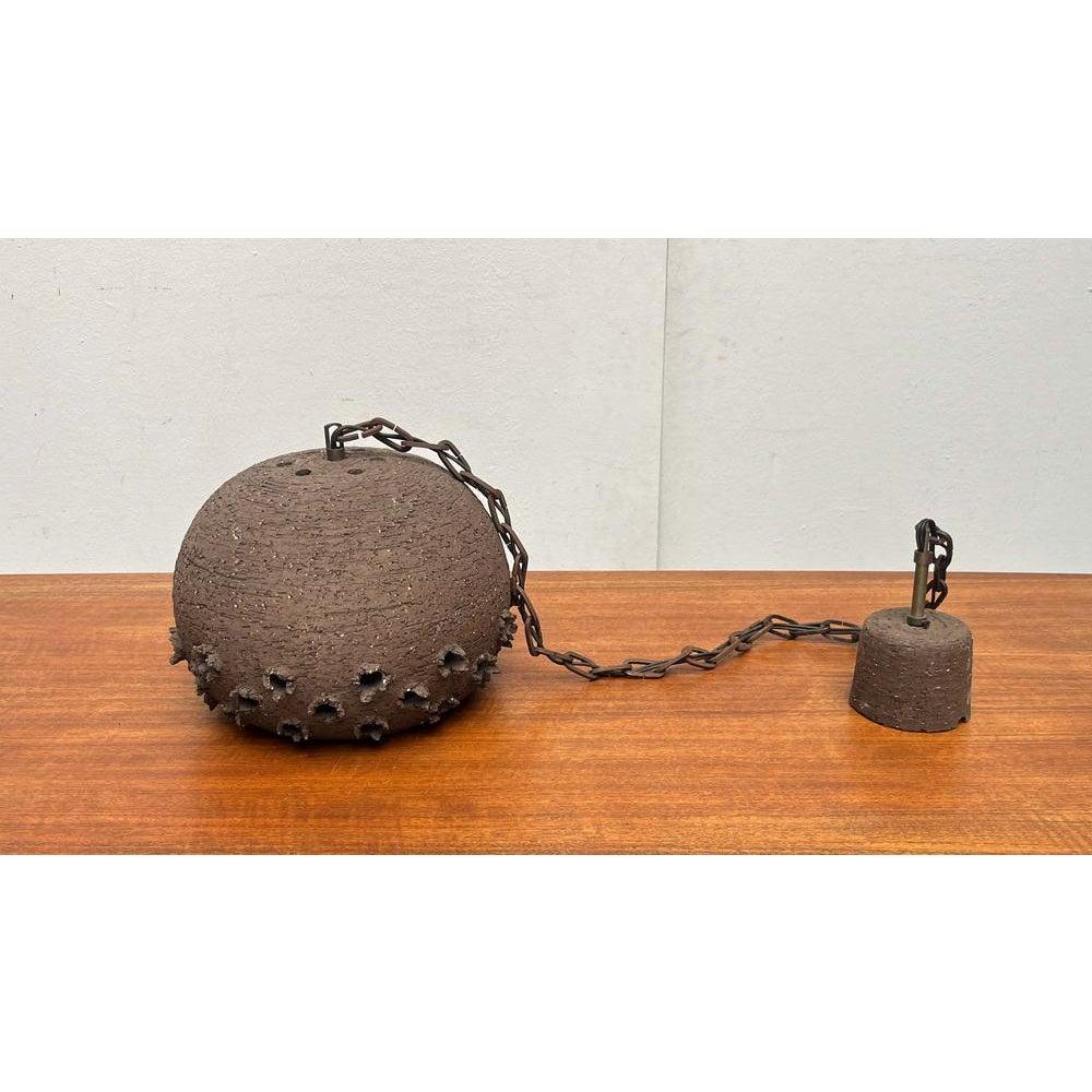 Ceramic Brutalist Danish Studio Pottery Perforated Ball Pendant Lamp, 1960s For Sale