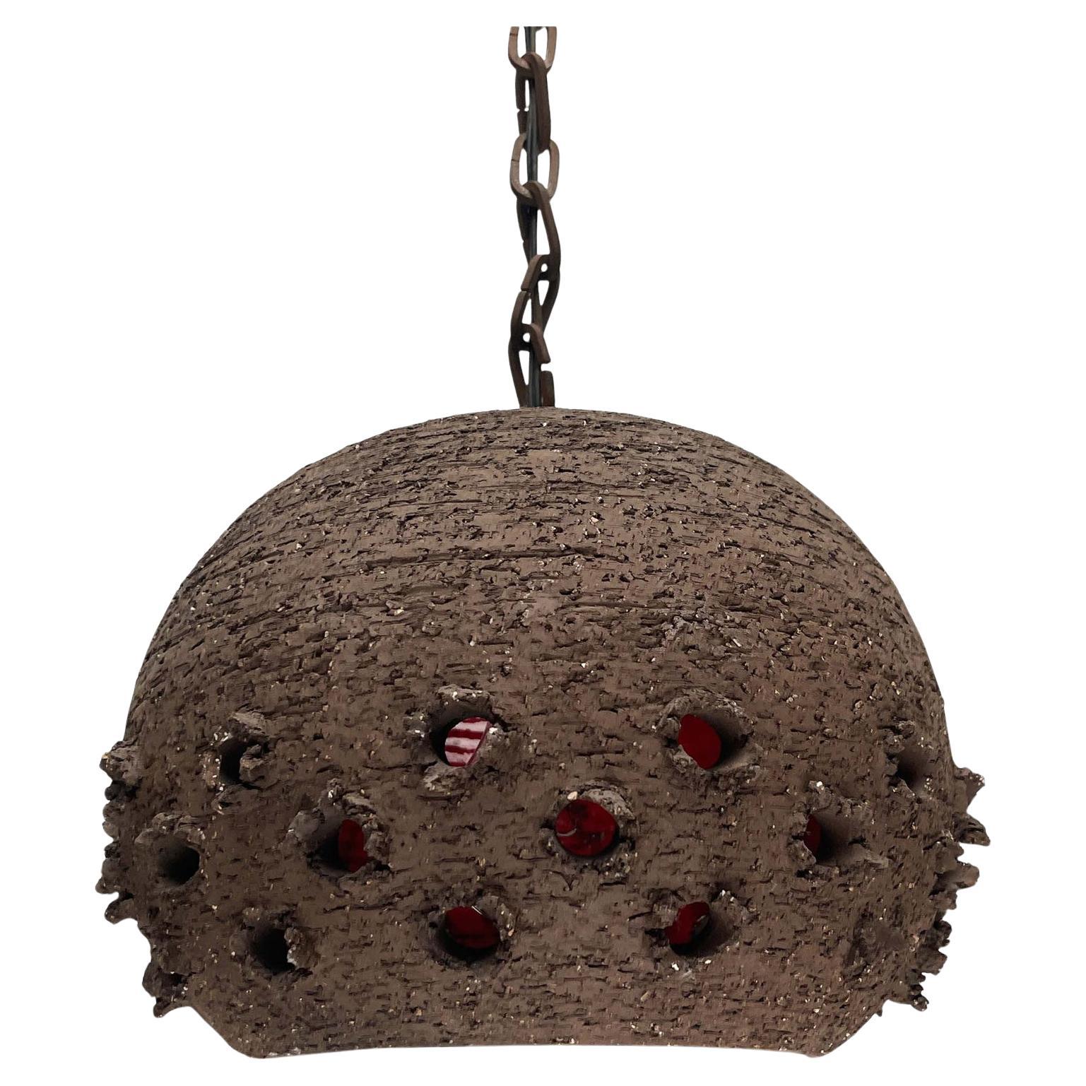 Brutalist Danish Studio Pottery Perforated Ball Pendant Lamp, 1960s For Sale