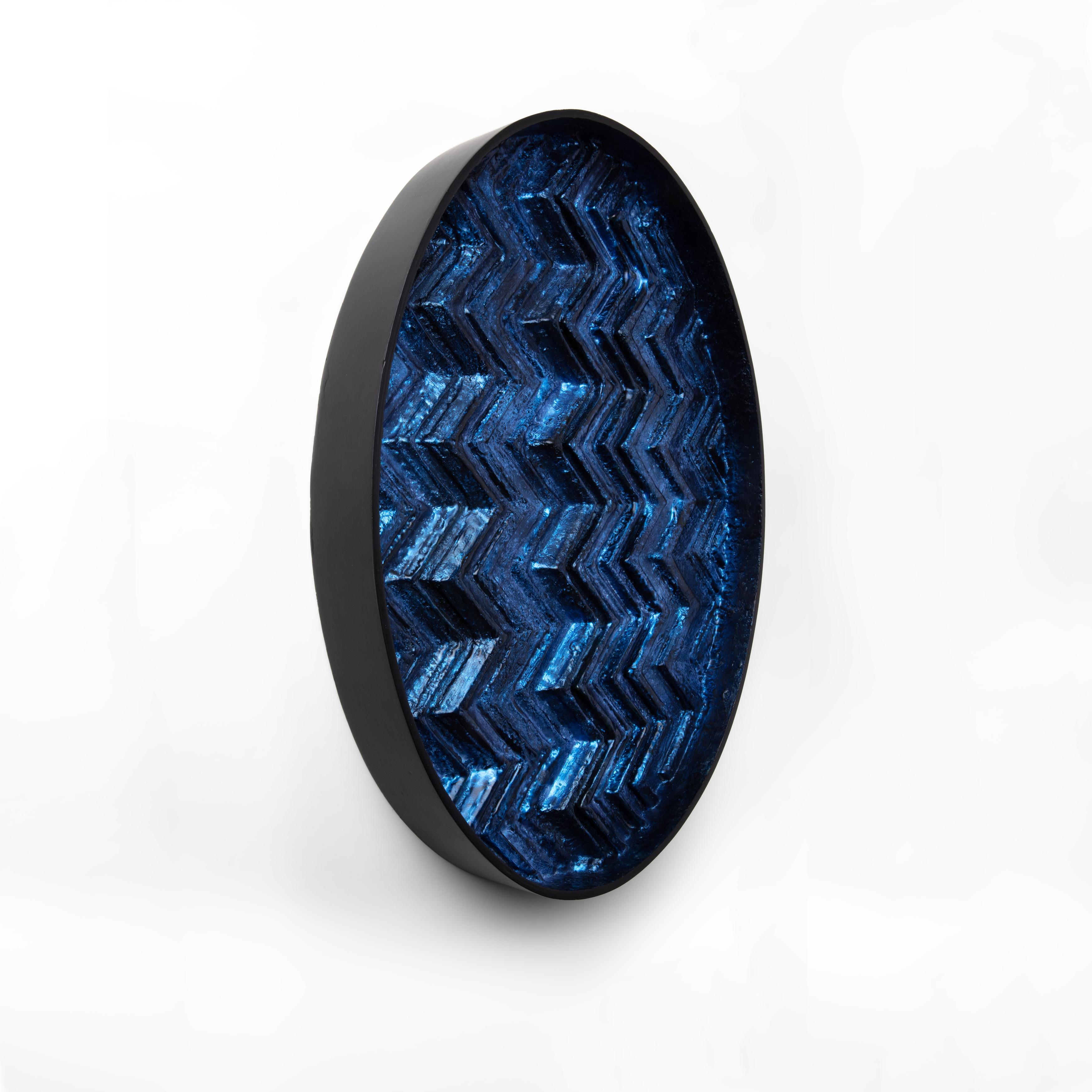 Dutch Brutalist Dark Blue Wood Wall Art installation: Oval 1 Encaustic For Sale