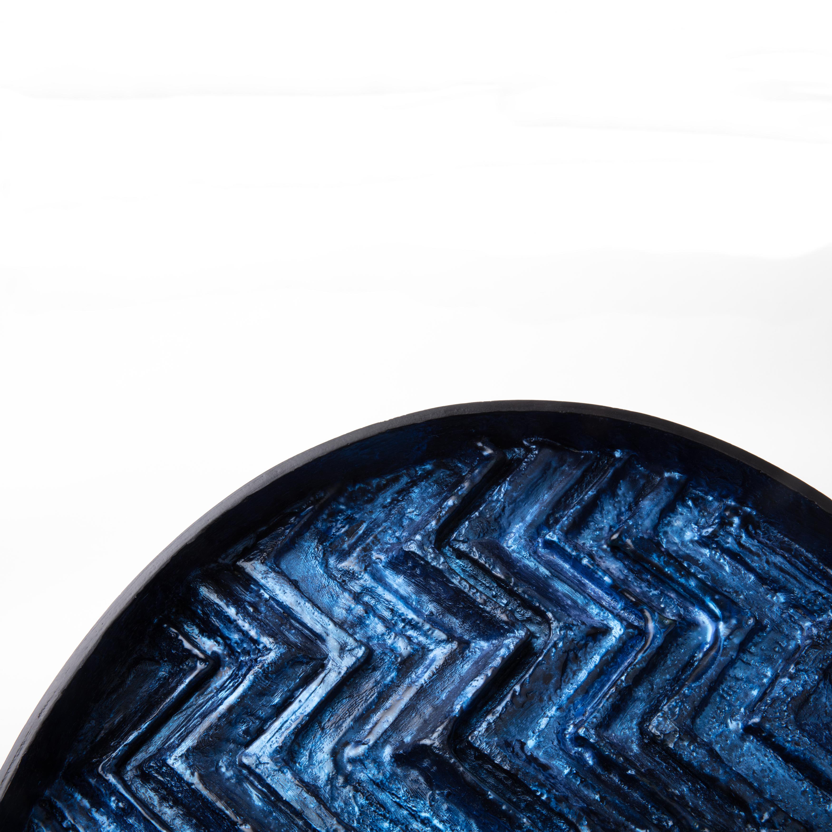 Faceted Brutalist Dark Blue Wood Wall Art installation: Oval 1 Encaustic For Sale