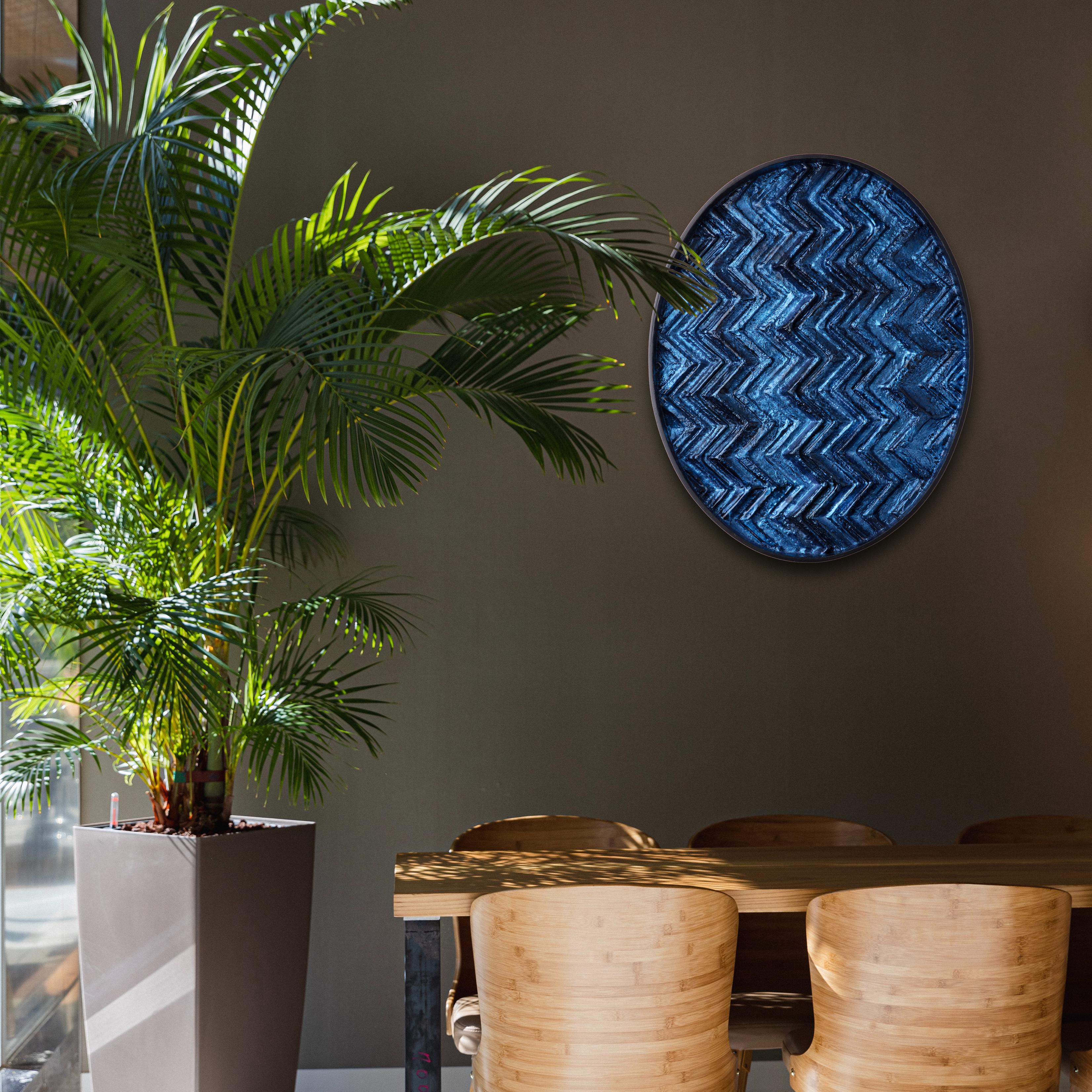 Contemporary Brutalist Dark Blue Wood Wall Art installation: Oval 1 Encaustic For Sale