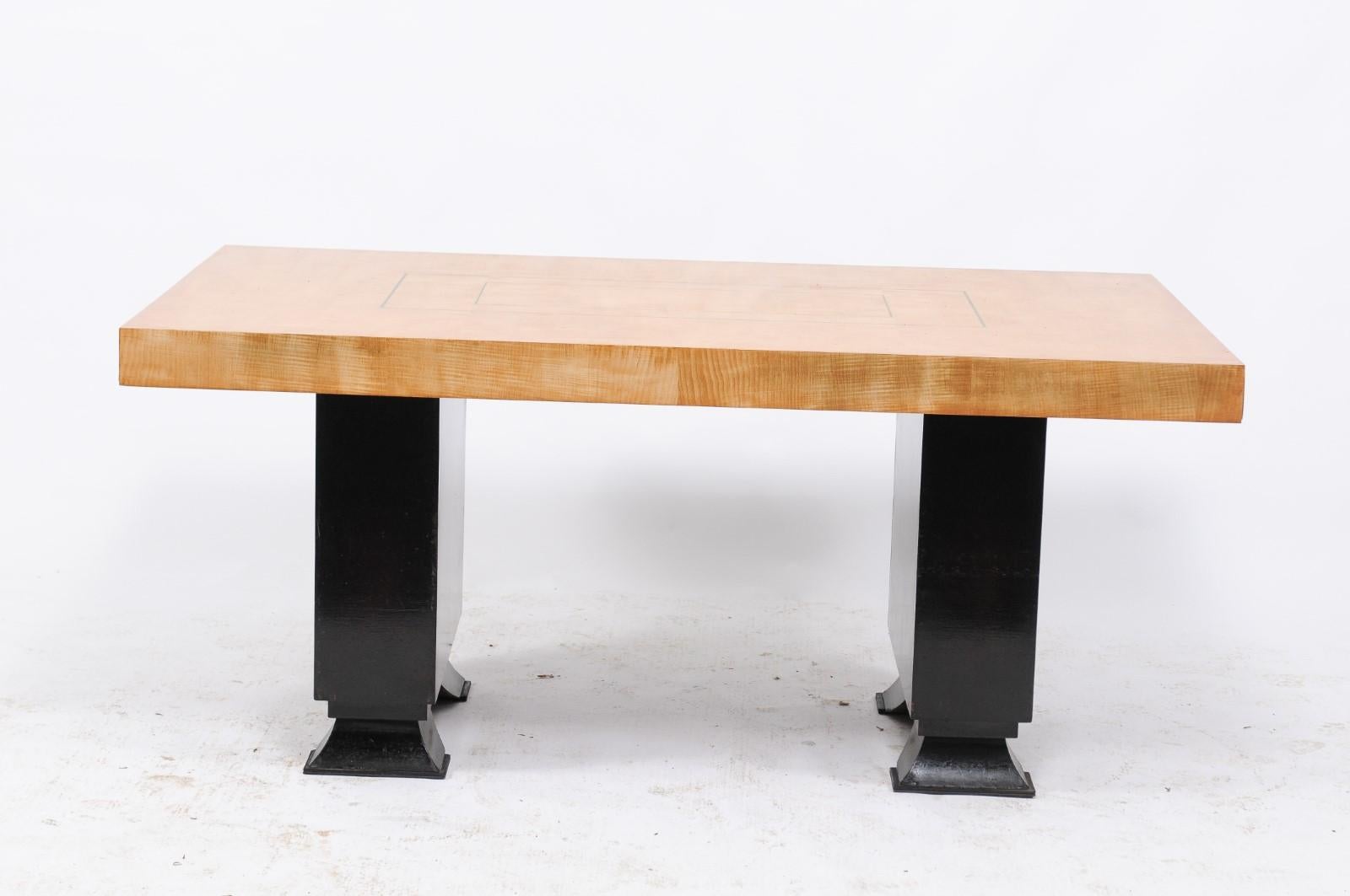 Wood Brutalist 1960s Table with Black Stained Pagoda Style Base