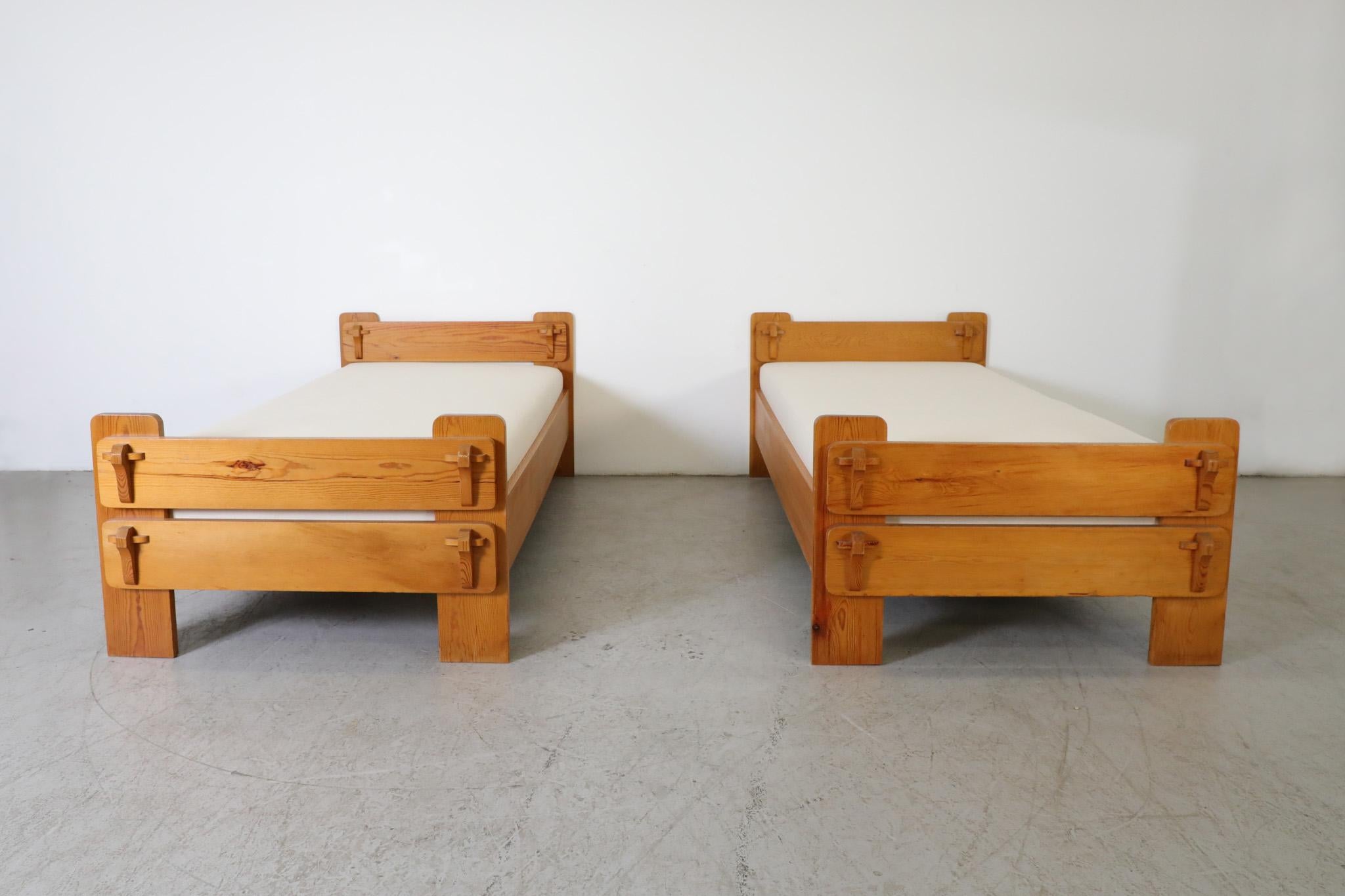 Mid-Century Modern Brutalist De Puydt Attributed Carved Wood Beds For Sale