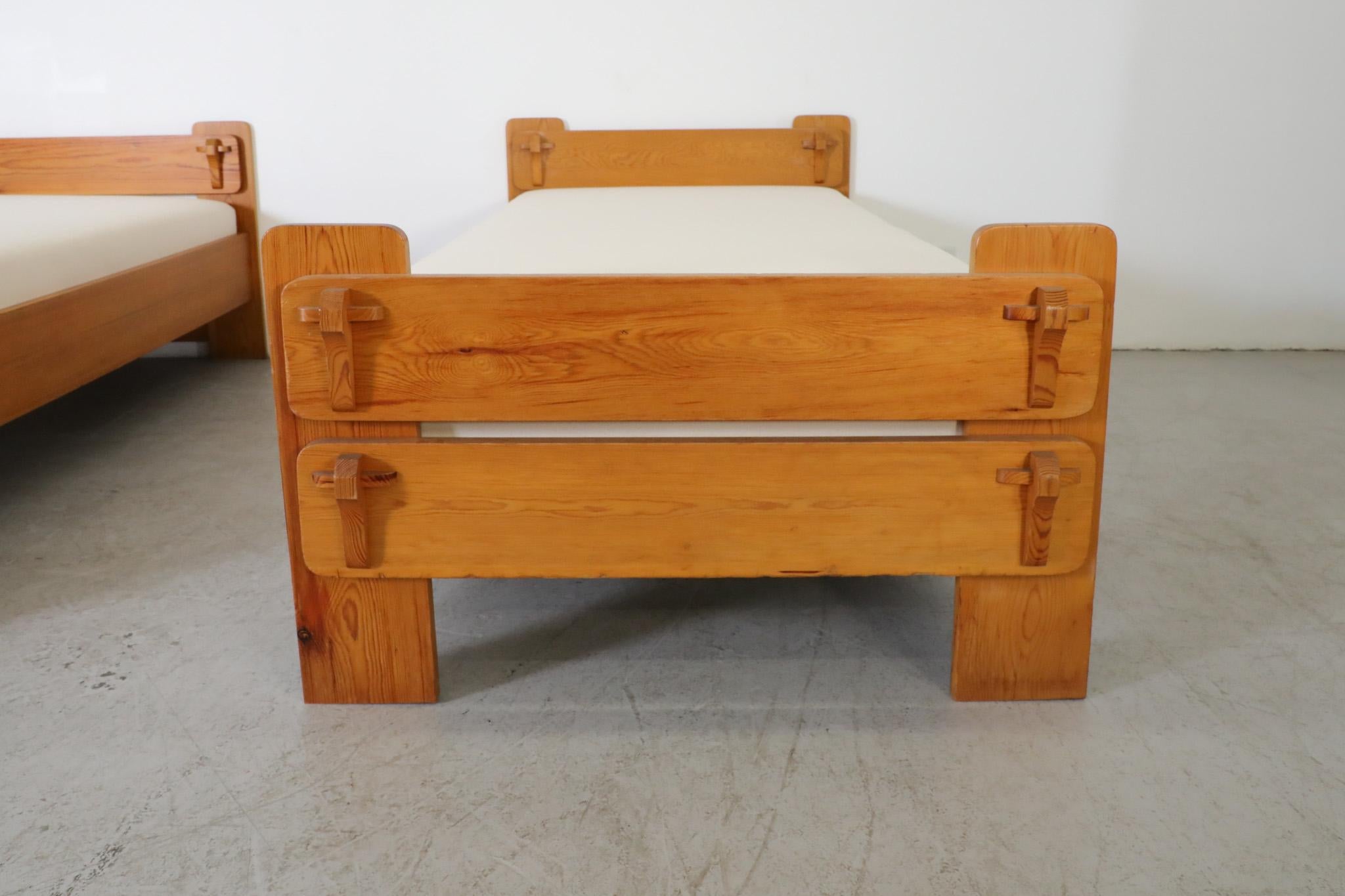 Mid-20th Century Brutalist De Puydt Attributed Carved Wood Beds For Sale
