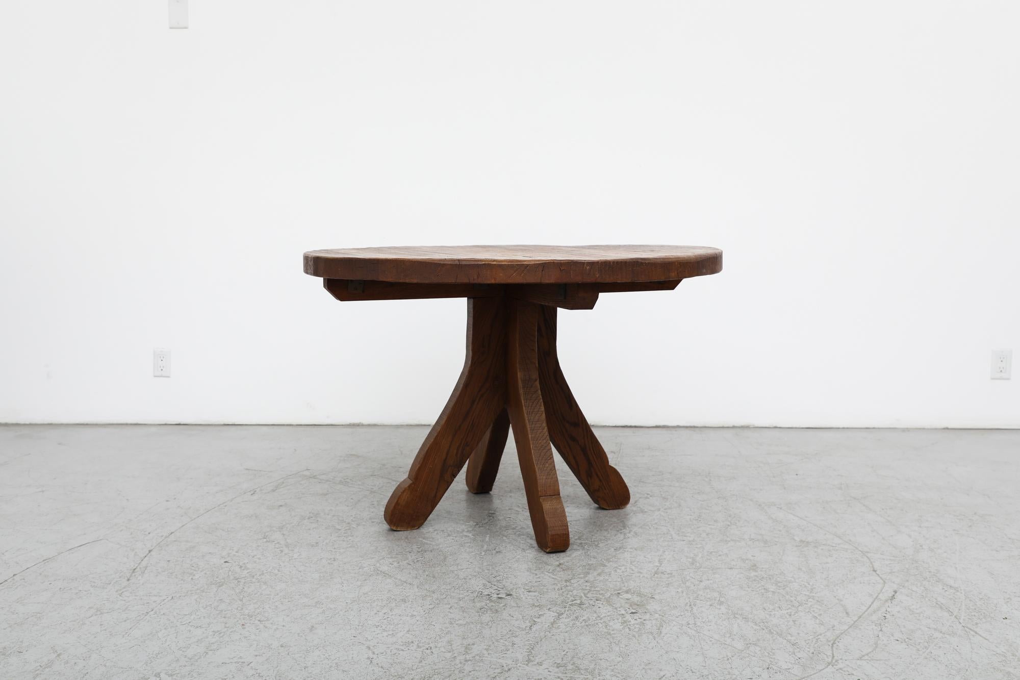 Brutalist De Puydt Round Oak Pedestal Table In Good Condition In Los Angeles, CA