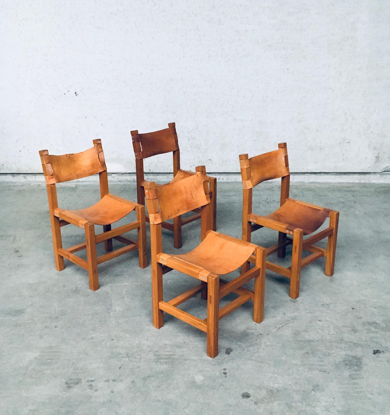 Vintage Brutalist Design Elm & Leather Dining Chairs by Maison Regain. Made in France, 1960's / 70's period. Beautiful designed chairs. Solid elm wood constructed chairs with thick leather seat and backrest. These come in well used condition with
