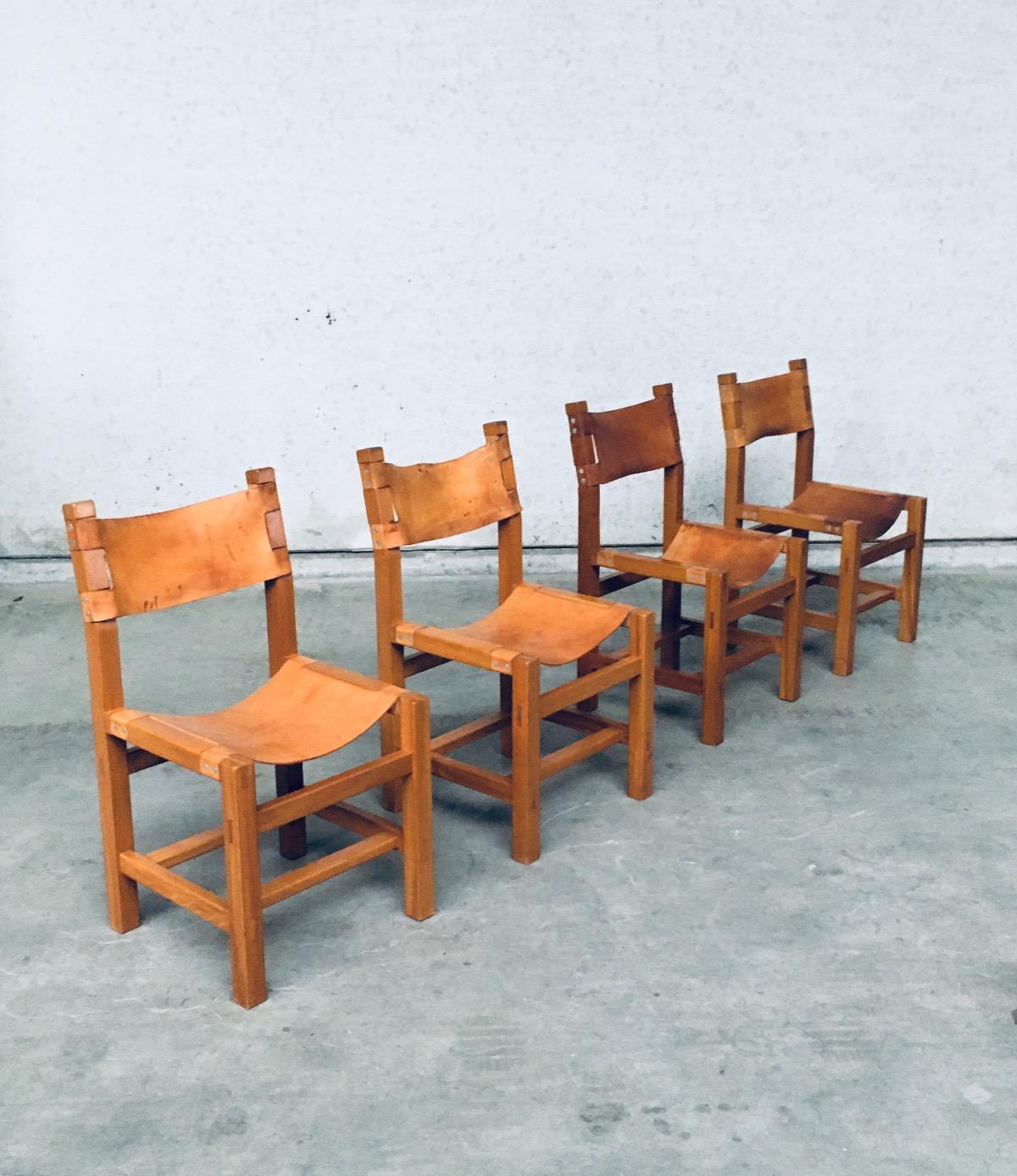 French Brutalist Design Elm & Leather Dining Chairs by Maison Regain, France 1960's For Sale