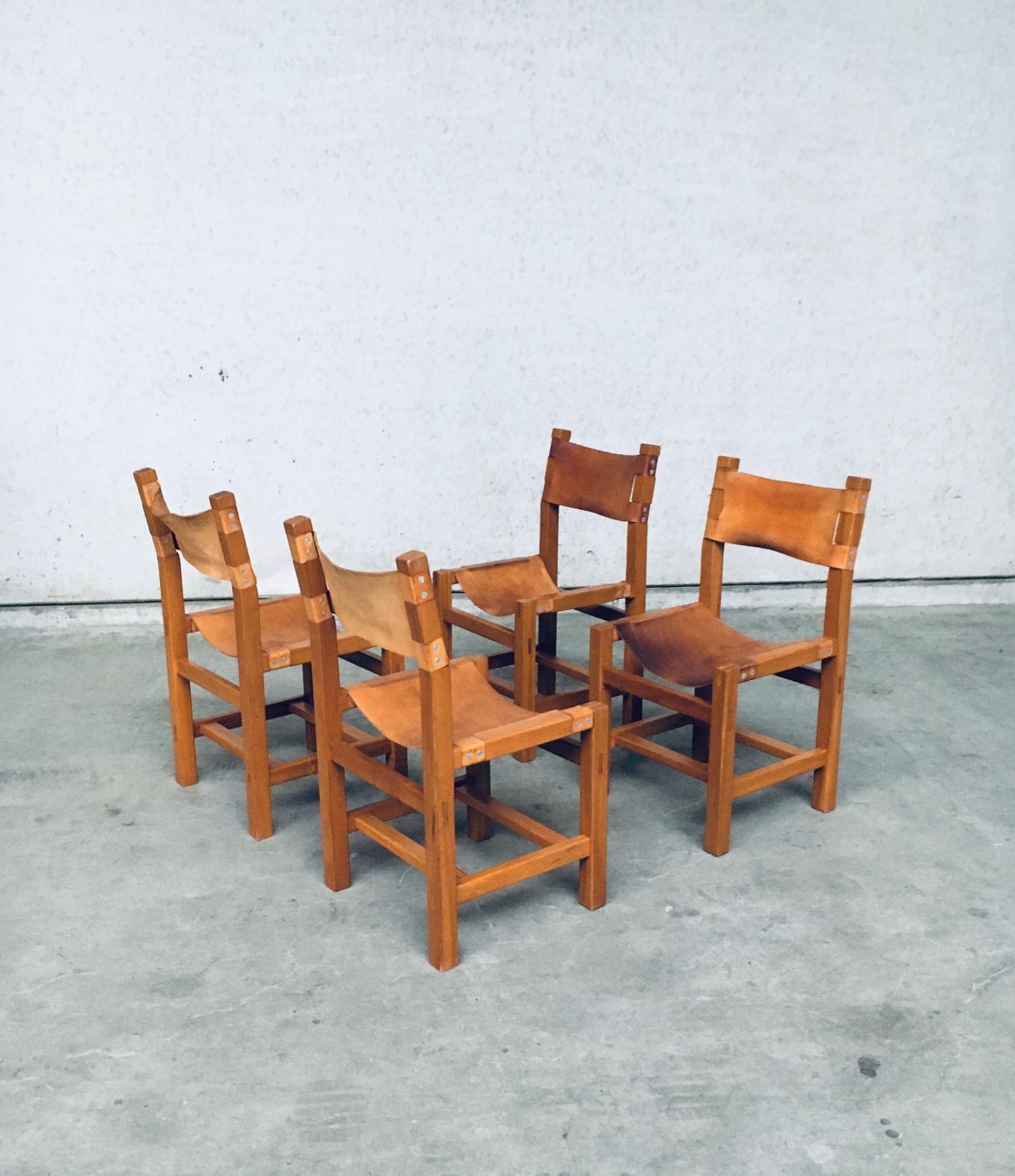 Mid-20th Century Brutalist Design Elm & Leather Dining Chairs by Maison Regain, France 1960's For Sale