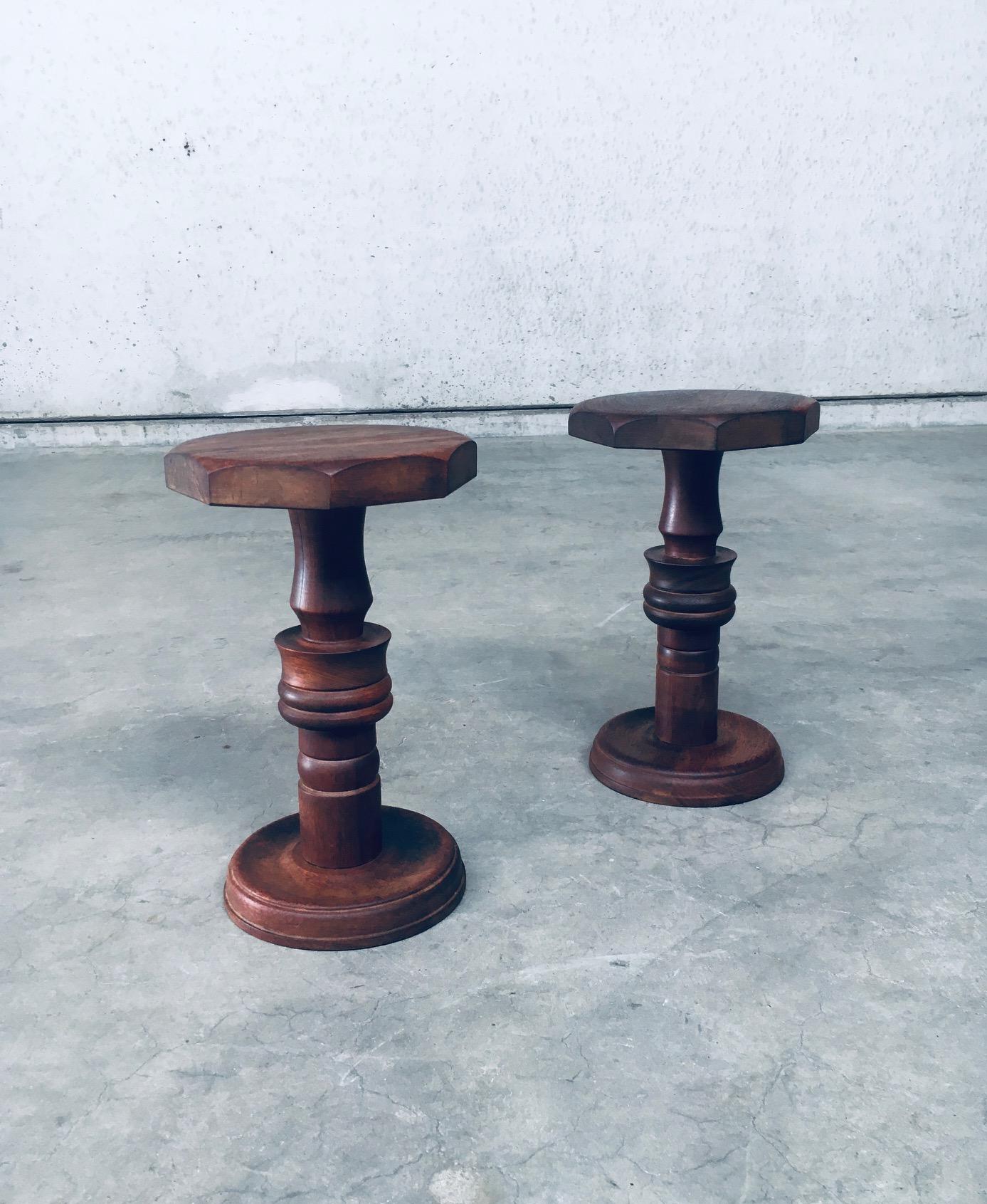 Brutalist Design Hand Crafted Art Populaire Side table / plant stool set in the style of Charles Dudouyt Designs. Made in France, 1940's period. Solid wood constructed and hand turned side tables with octagonal top. They both come in very good