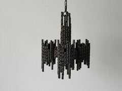 Brutalist Design Large 3 Armed Wrought Iron Pendant Lamp, 1960s, Italy