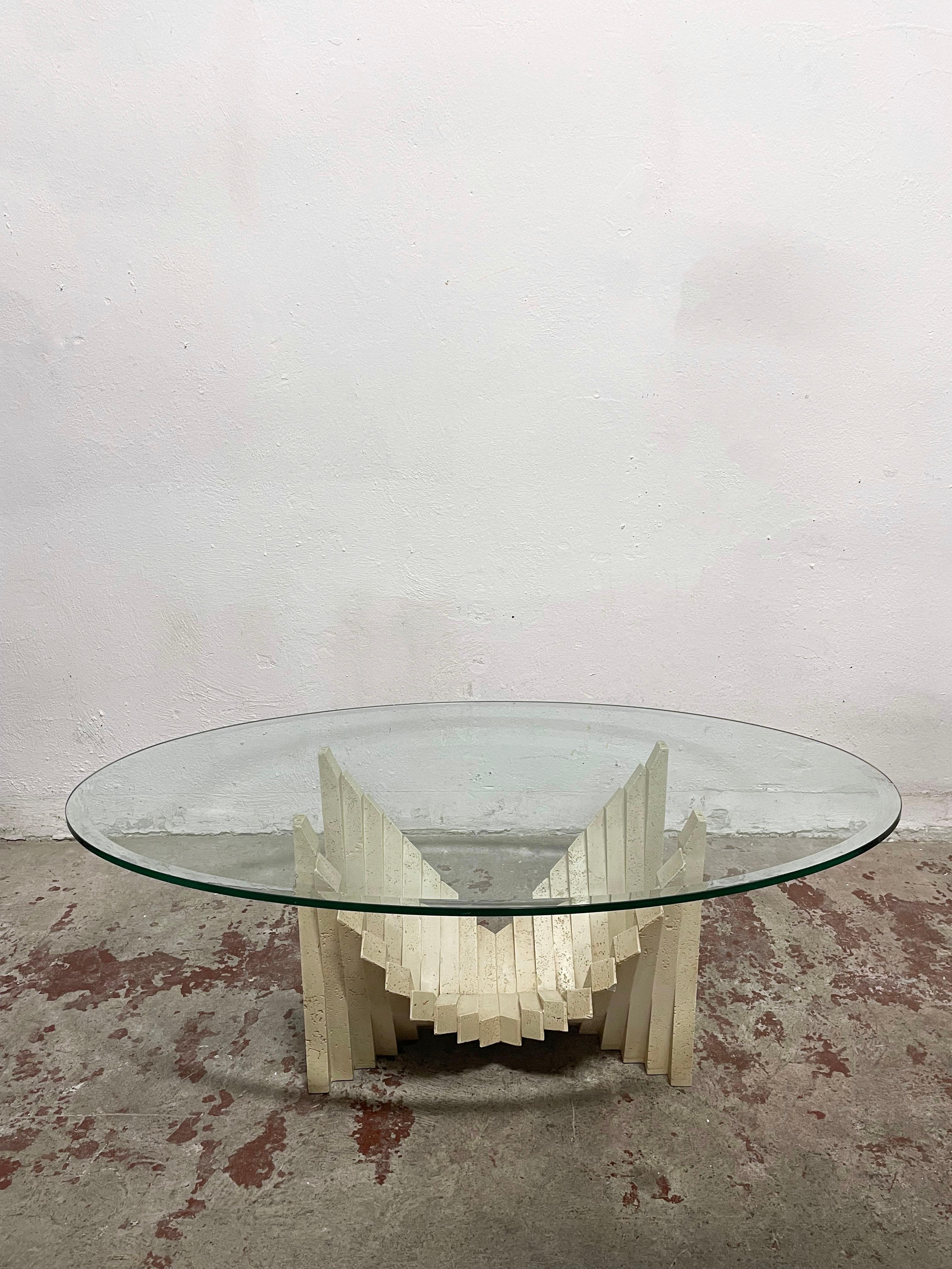 Brutalist Design Mid-Century Sculptural Travertine and Glass Top Coffee Table 2