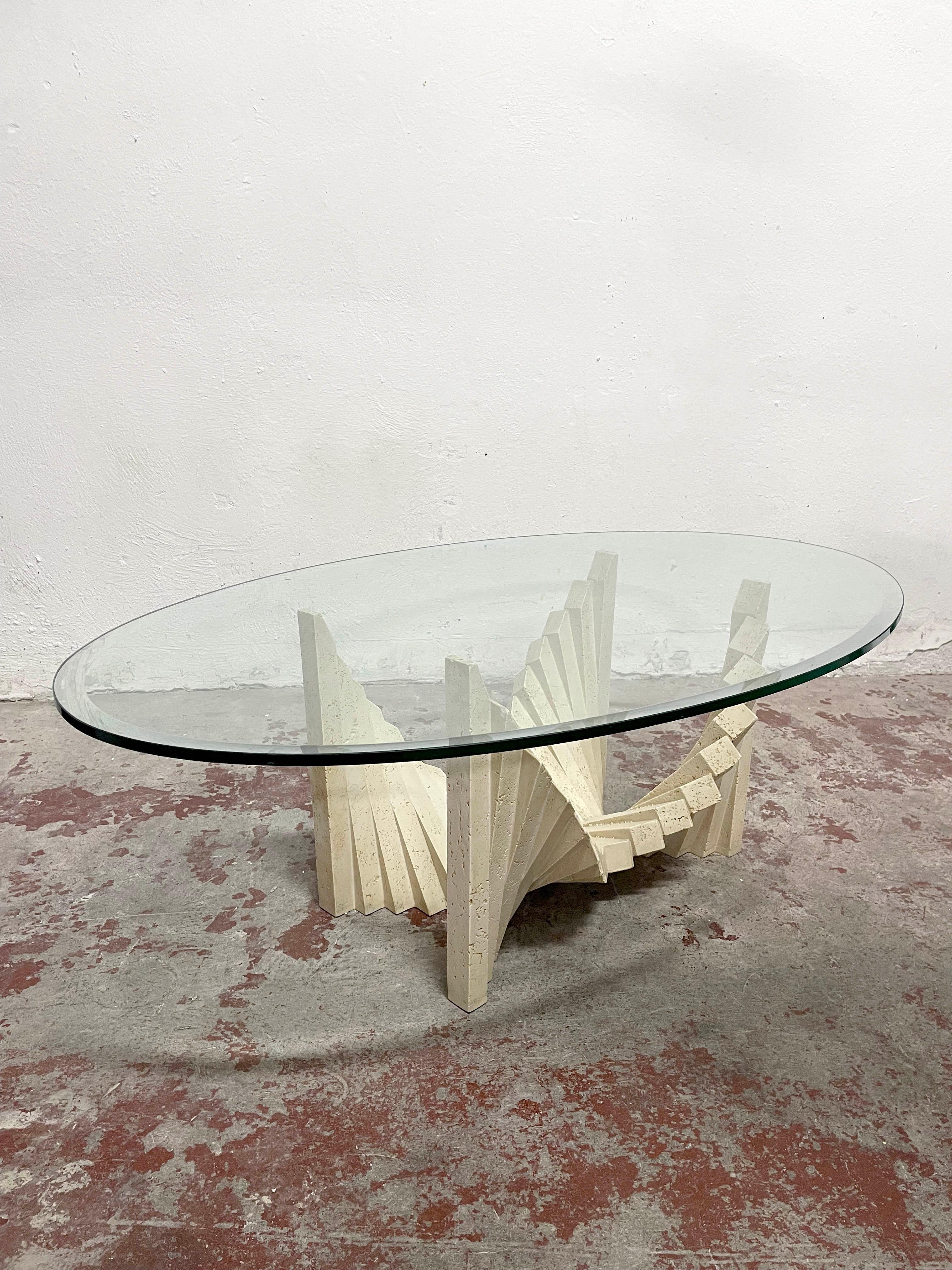 Brutalist Design Mid-Century Sculptural Travertine and Glass Top Coffee Table 3