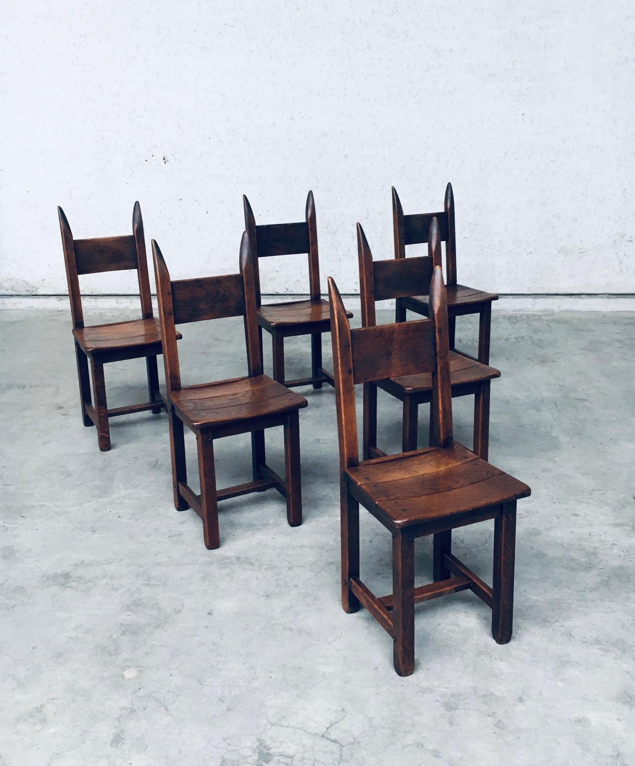 Vintage Brutalist Design Style Oak Dining Chair set of 6. Made in France, 1960's period. Solid oak constructed chairs with very nice dark patina. These are all in very good, all original condition. Each chair measures 95,5cm x 40cm x 40cm.
Sold as a