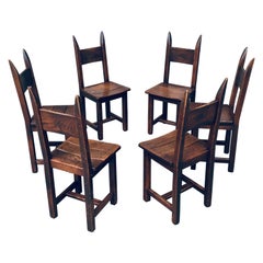Brutalist Design Oak Dining Chair Set, France 1960
s