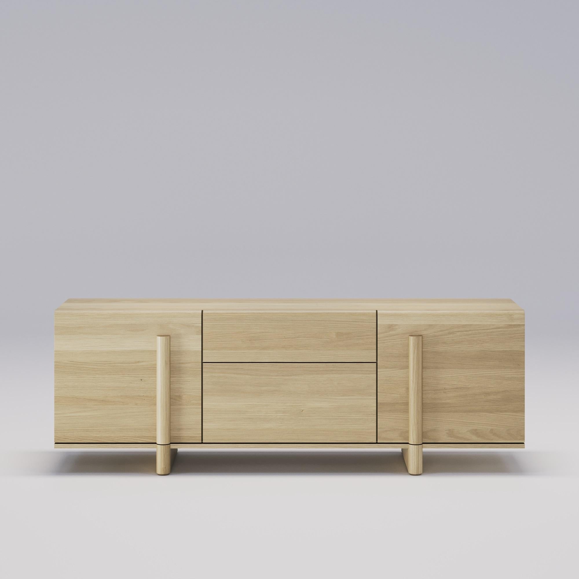 Modern Brutalist Design Oak Sideboard Featuring Two Doors & Middle Drawers For Sale