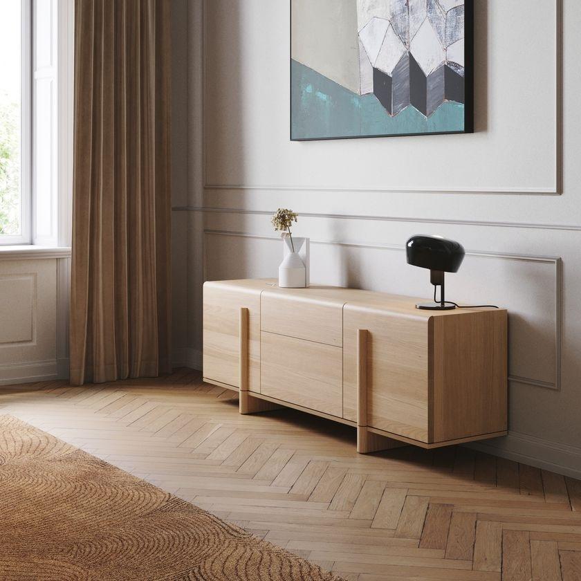 Portuguese Brutalist Design Oak Sideboard Featuring Two Doors & Middle Drawers For Sale