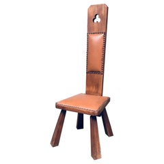 Brutalist Design Oak 
Skai High Back Low Stool, France 1960
s