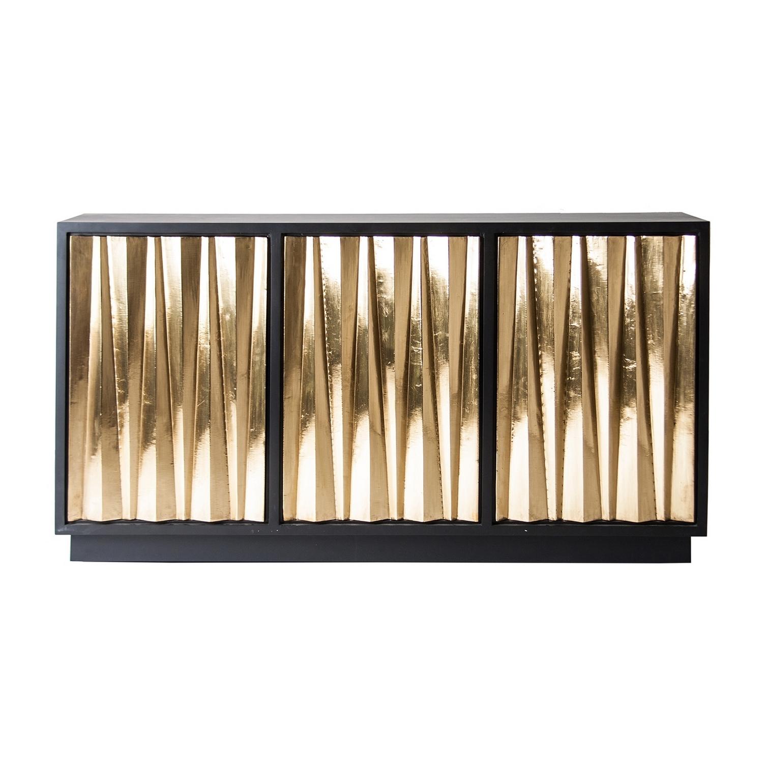 Contemporary Brutalist Design Style Black Lacquered Wooden And Brass Sideboard