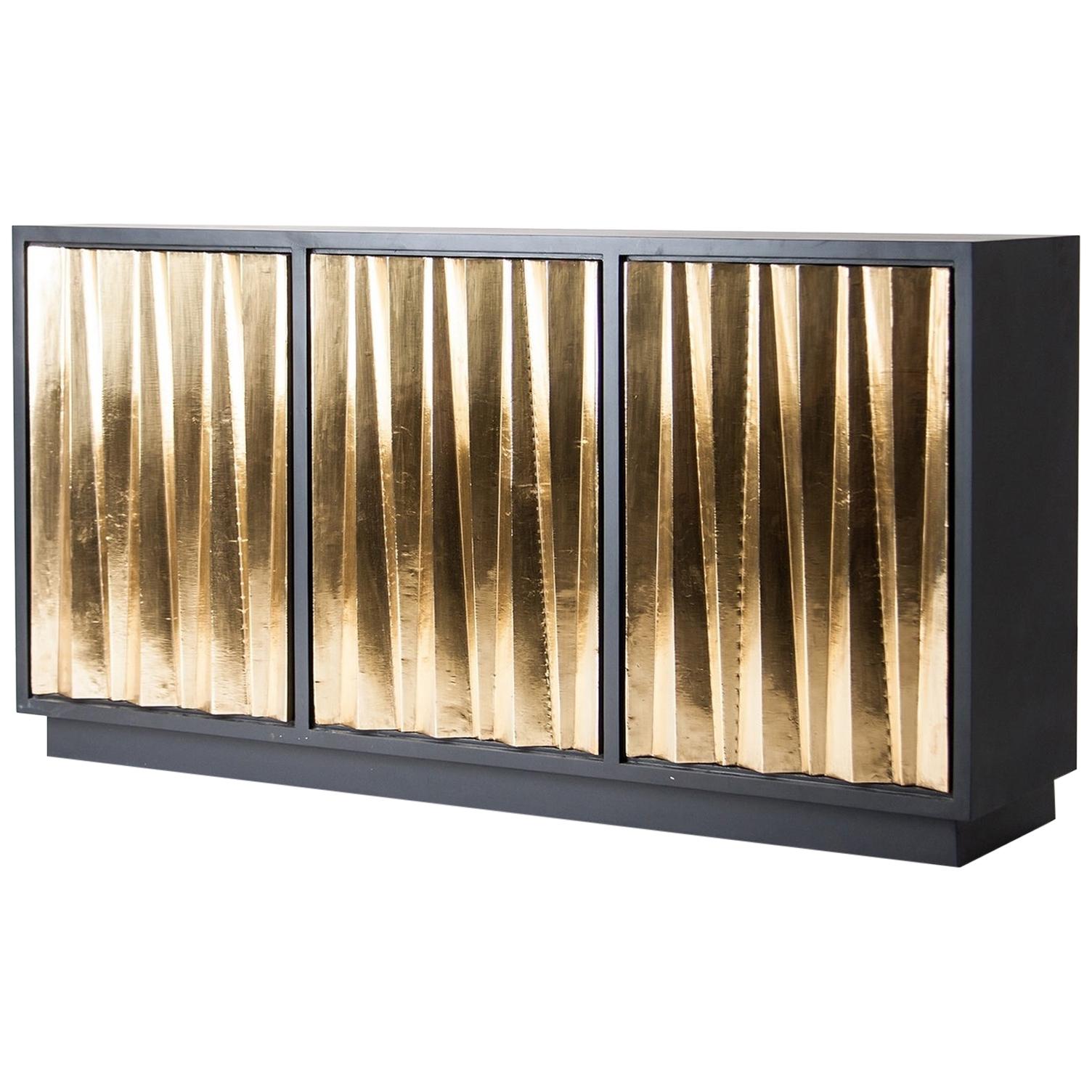 Brutalist Design Style Black Lacquered Wooden And Brass Sideboard