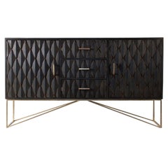 Brutalist Design Wooden and Gilded Metal Sideboard Cabinet