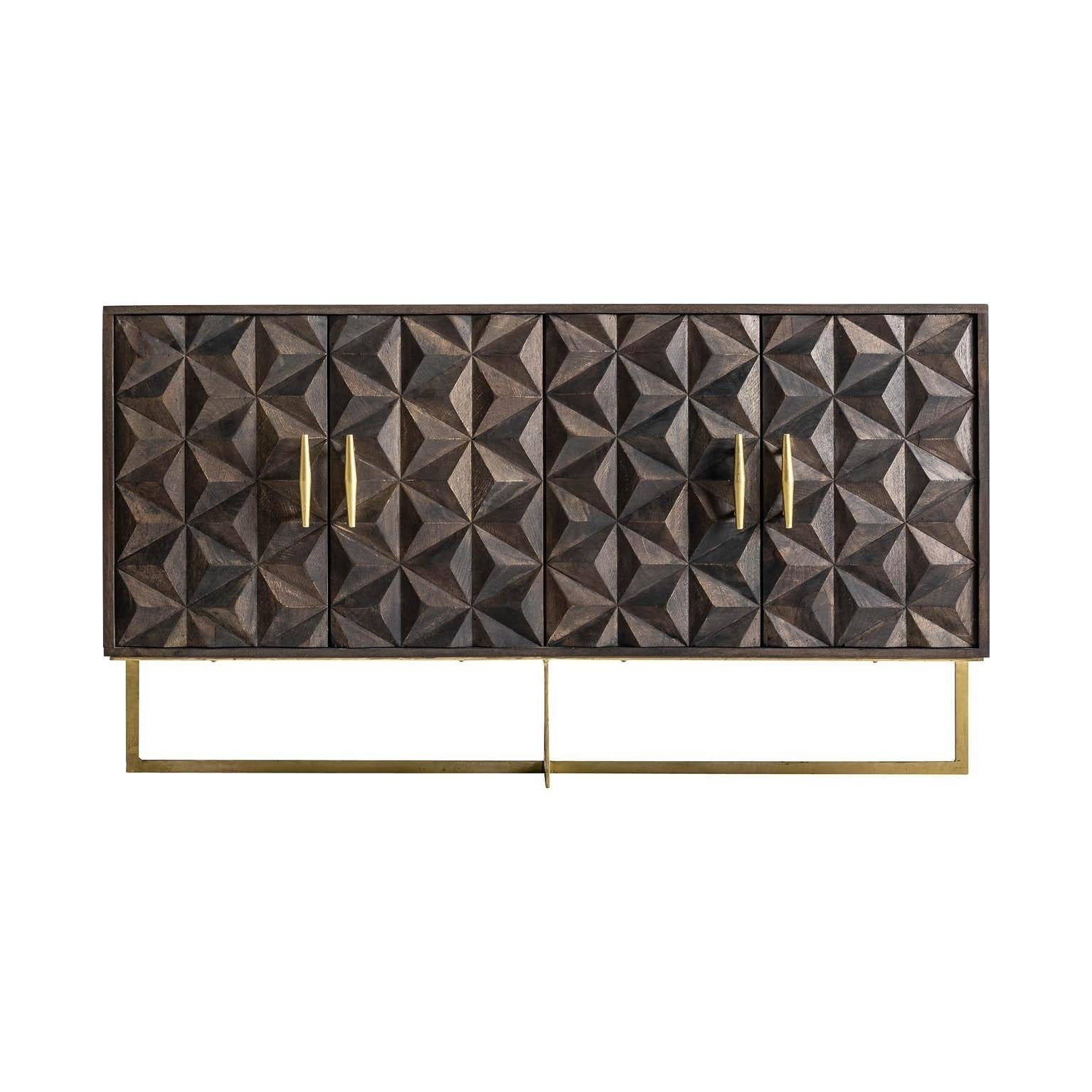 Brutalist style sideboard: An eyecatcher with geometrical and harmonious lines, composed of 4 graphic panels doors adorned with gilded handles and airy metal feet.