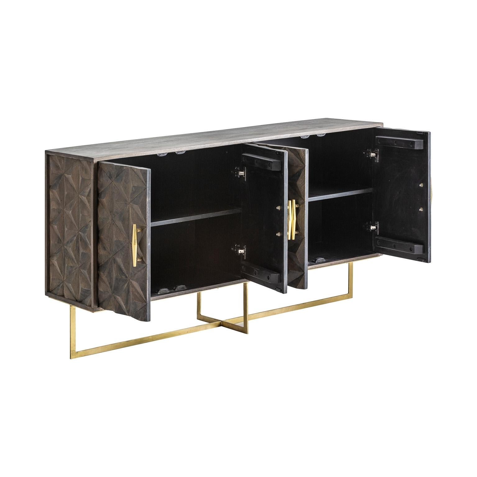 European Brutalist Design Wooden and Gilded Metal Sideboard