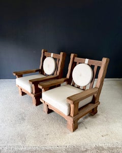 Brutalist Design XL Oak Lounge Chairs, Belgium 1960's