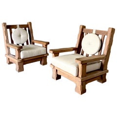 Brutalist Design XL Oak Lounge Chairs, Belgium 1960's