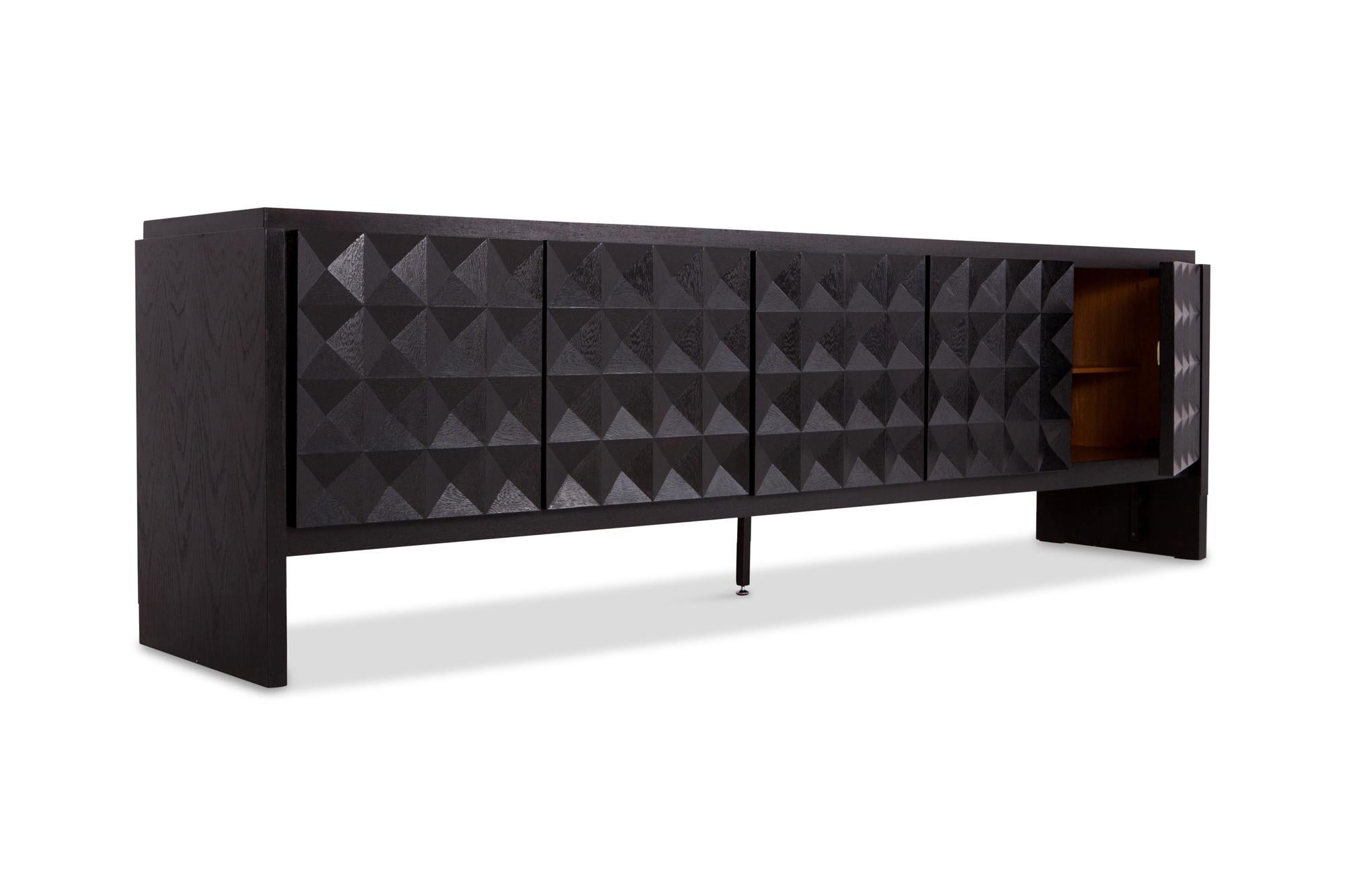 Mid-Century Modern Brutalist Diamond Floating Credenza in Stained Oak  