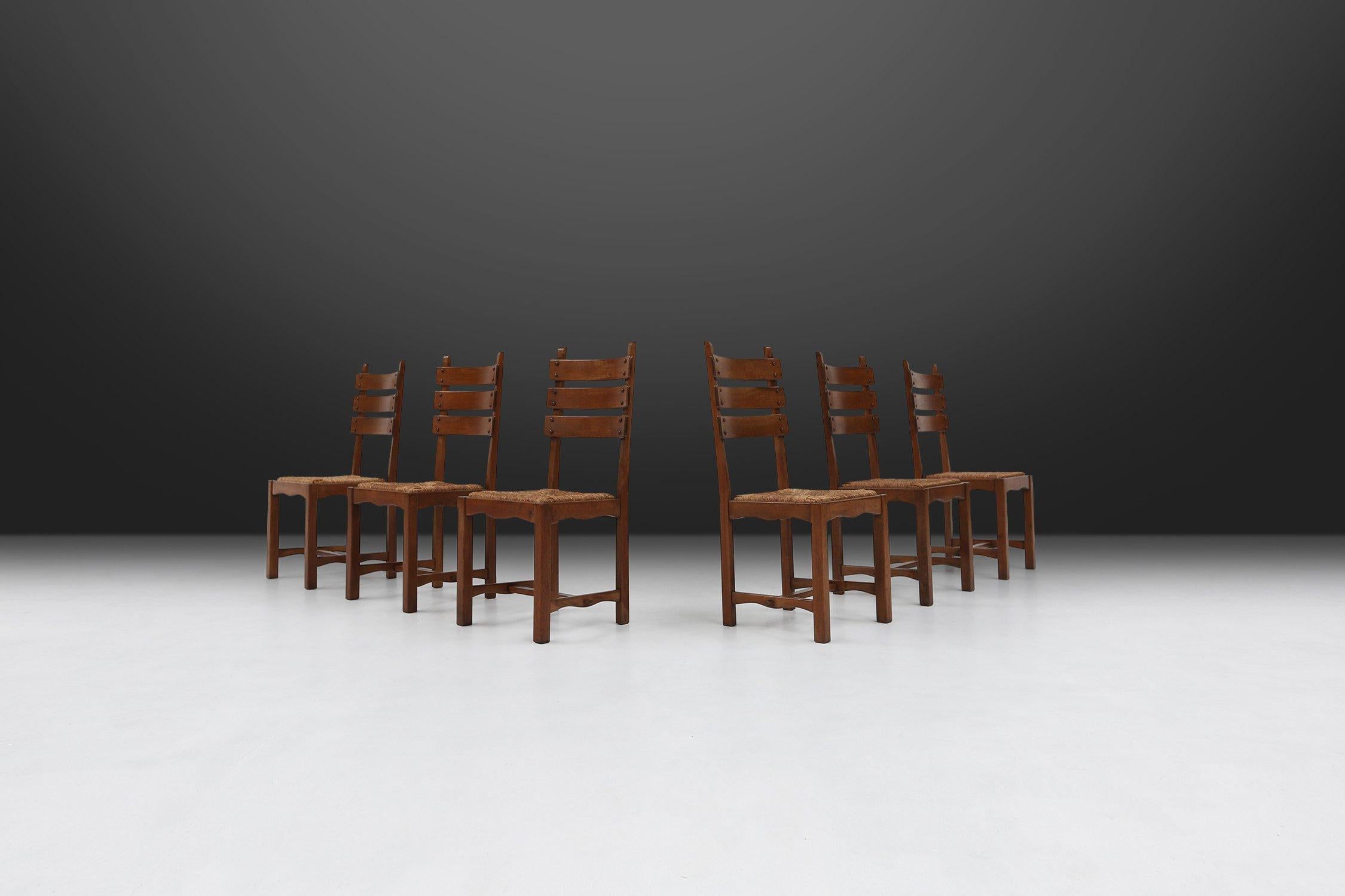 Brutalist Dining Chairs in Oak and Wicker, Set of 6 For Sale 4