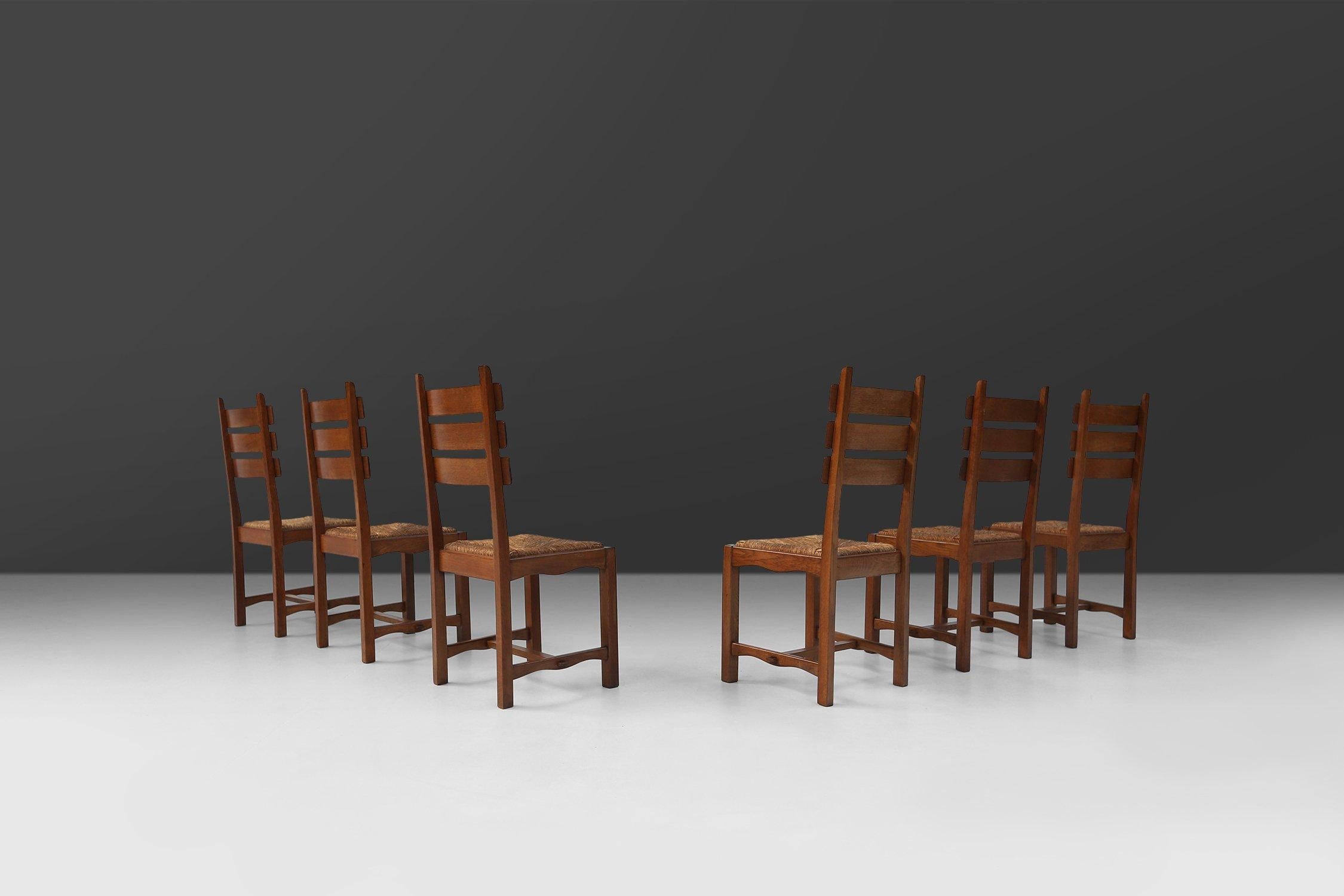 Belgian Brutalist Dining Chairs in Oak and Wicker, Set of 6 For Sale