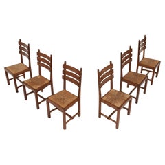 Brutalist Dining Chairs in Oak and Wicker, Set of 6