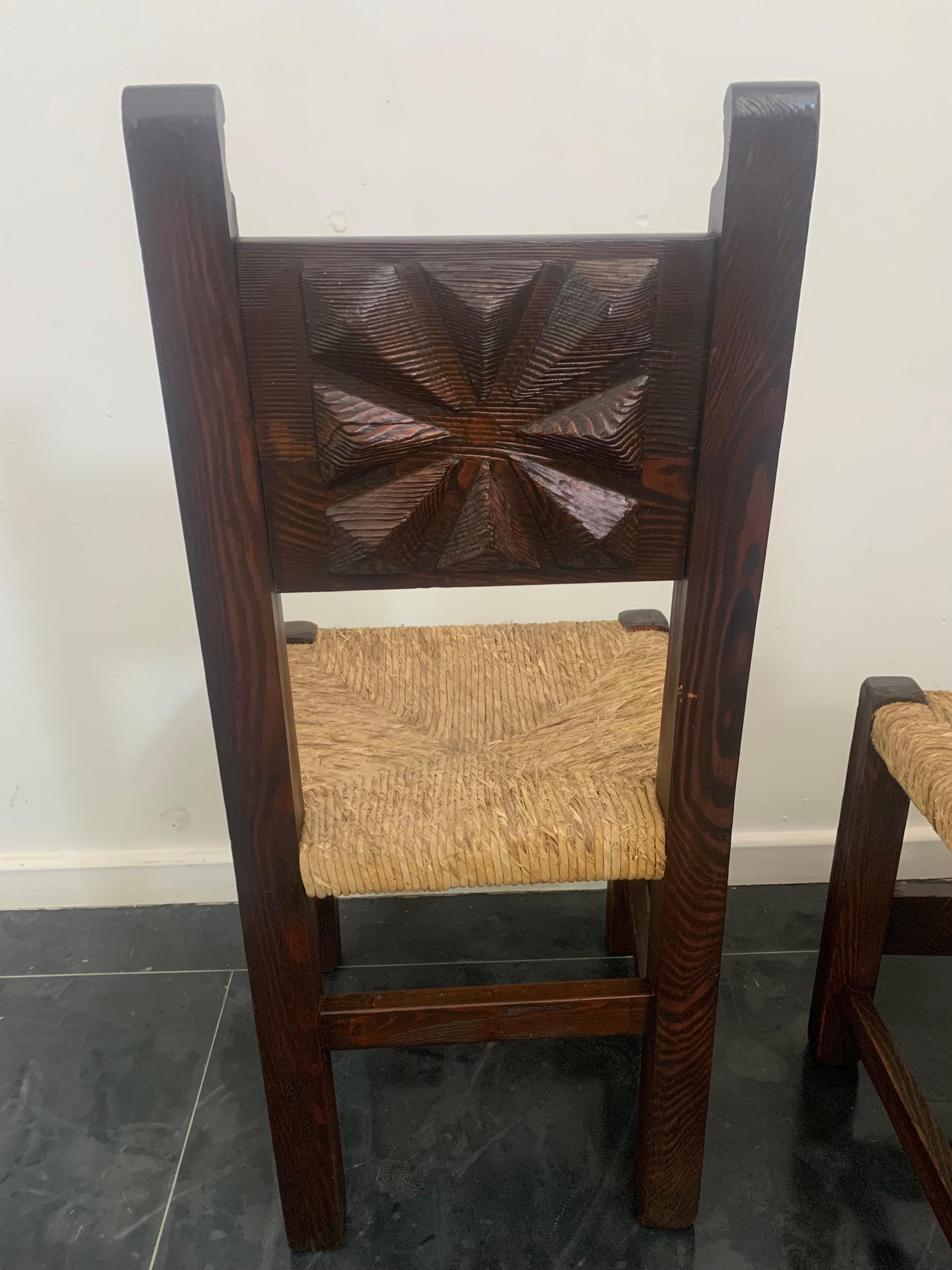 Brutalist Dining Chairs in Sculpted Oak, 1950s, Set of 5 For Sale 4