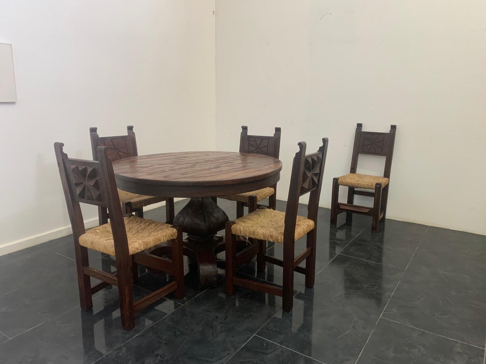 Brutalist Dining Chairs in Sculpted Oak, 1950s, Set of 5 For Sale 6