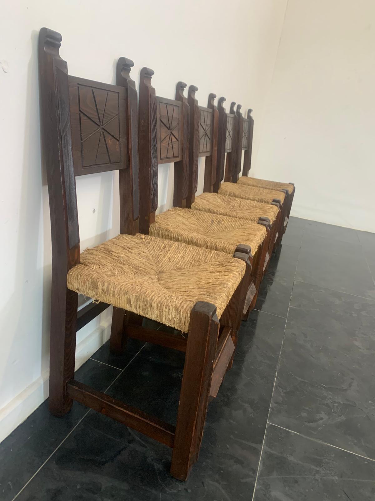 Belgian Brutalist Dining Chairs in Sculpted Oak, 1950s, Set of 5 For Sale