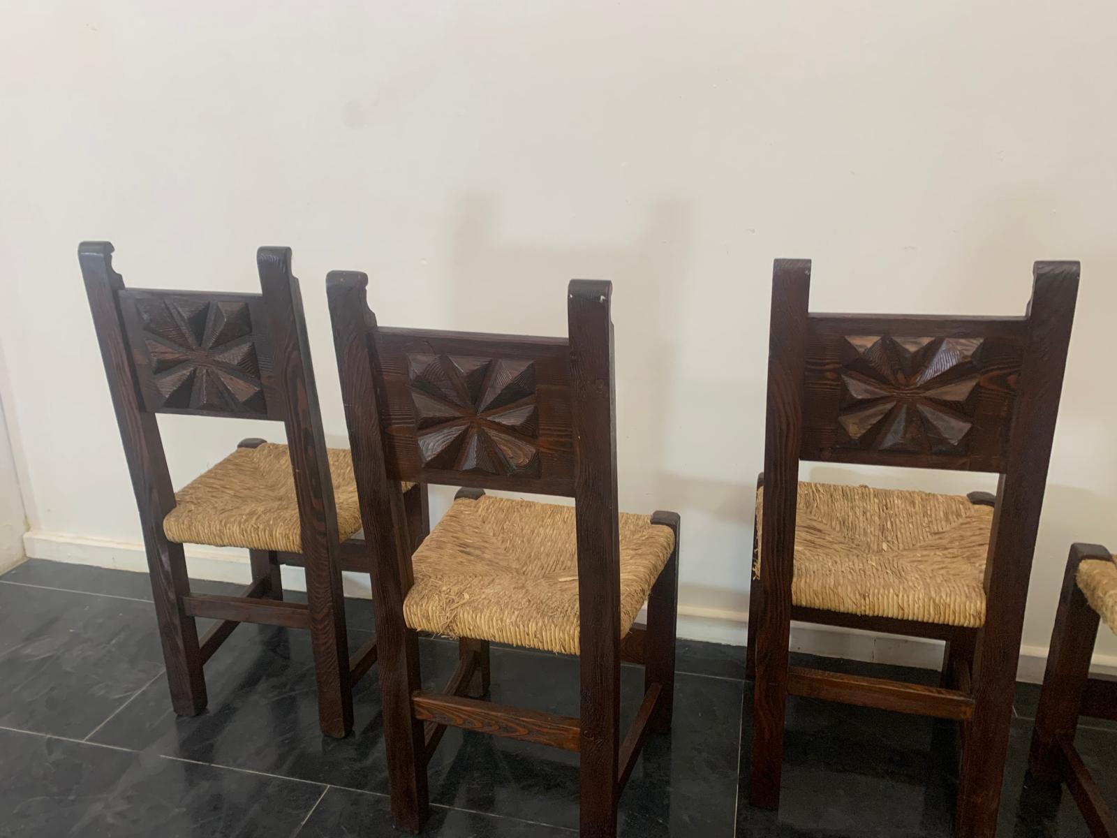 Mid-20th Century Brutalist Dining Chairs in Sculpted Oak, 1950s, Set of 5 For Sale