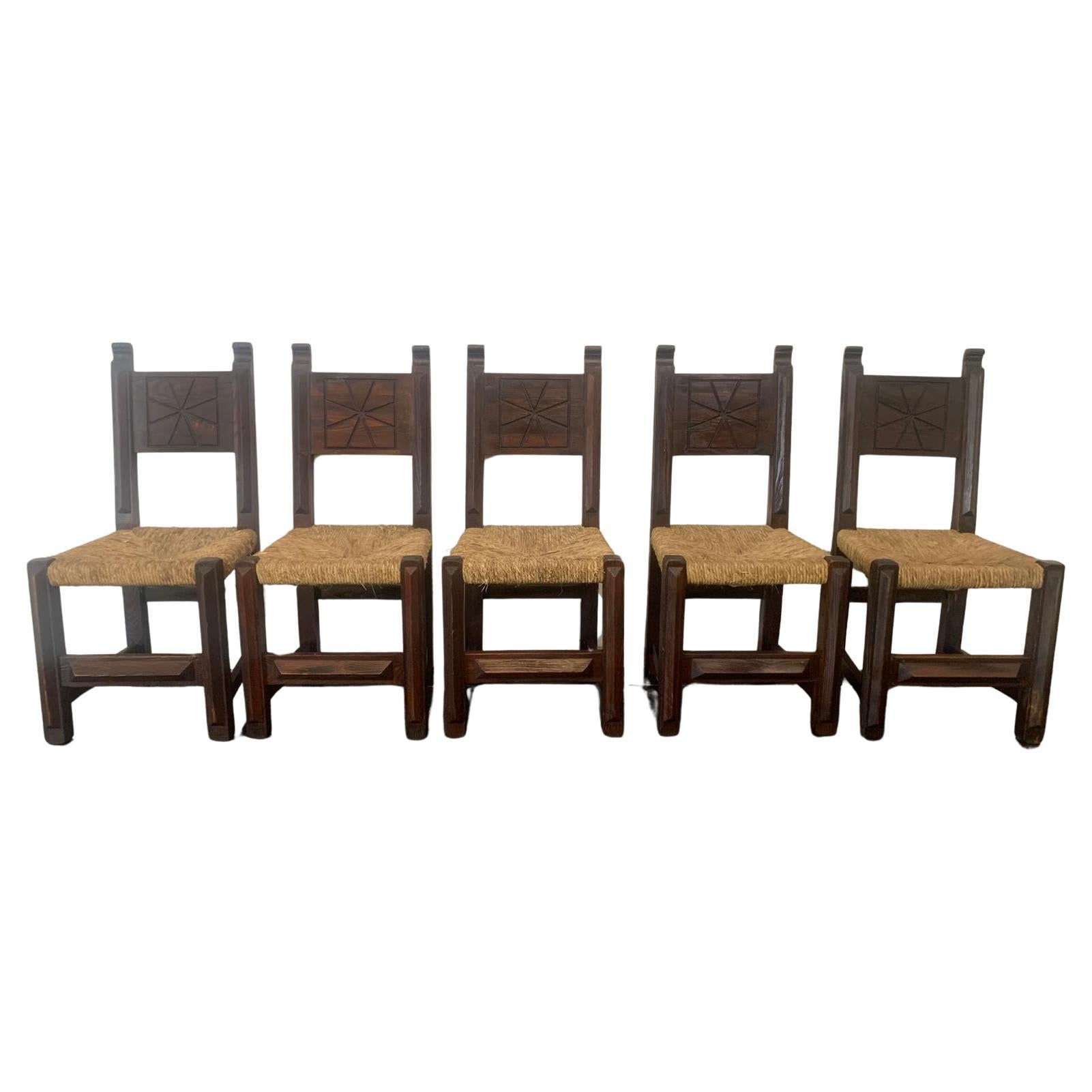 Brutalist Dining Chairs in Sculpted Oak, 1950s, Set of 5