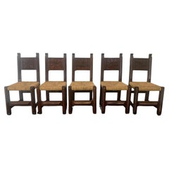 Retro Brutalist Dining Chairs in Sculpted Oak, 1950s, Set of 5