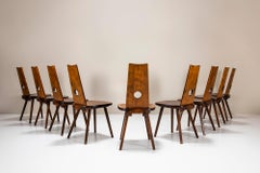 Brutalist Dining Chairs in Solid Cherry Wood, Set of 9, France 1960s