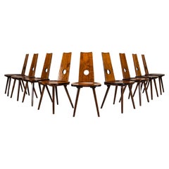 Brutalist Dining Chairs in Solid Cherry Wood, Set of 9, France 1960s