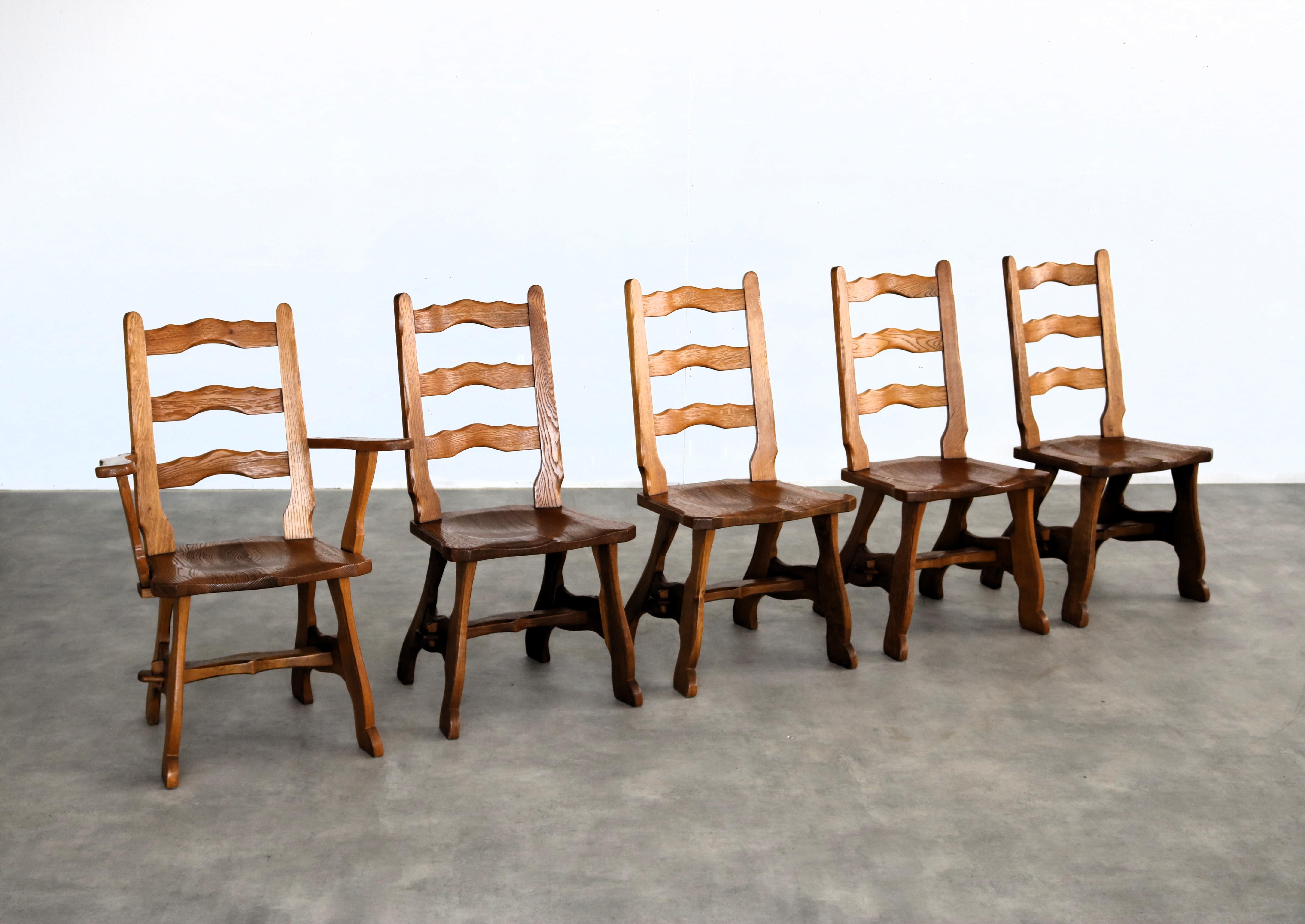 Mid-20th Century brutalist dining chairs  vintage chairs  1950s  oak For Sale